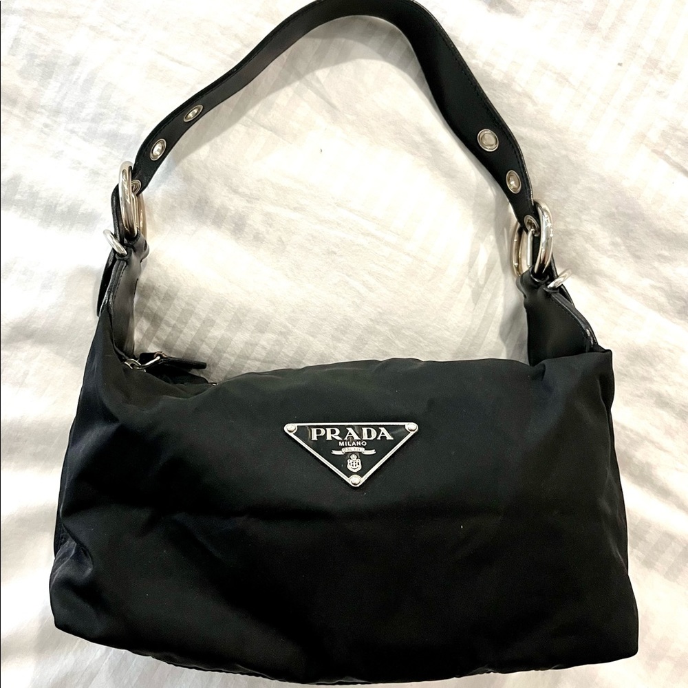Vintage Prada Black Nylon Leather Triangle Logo Pochette Bag Excellent Cond